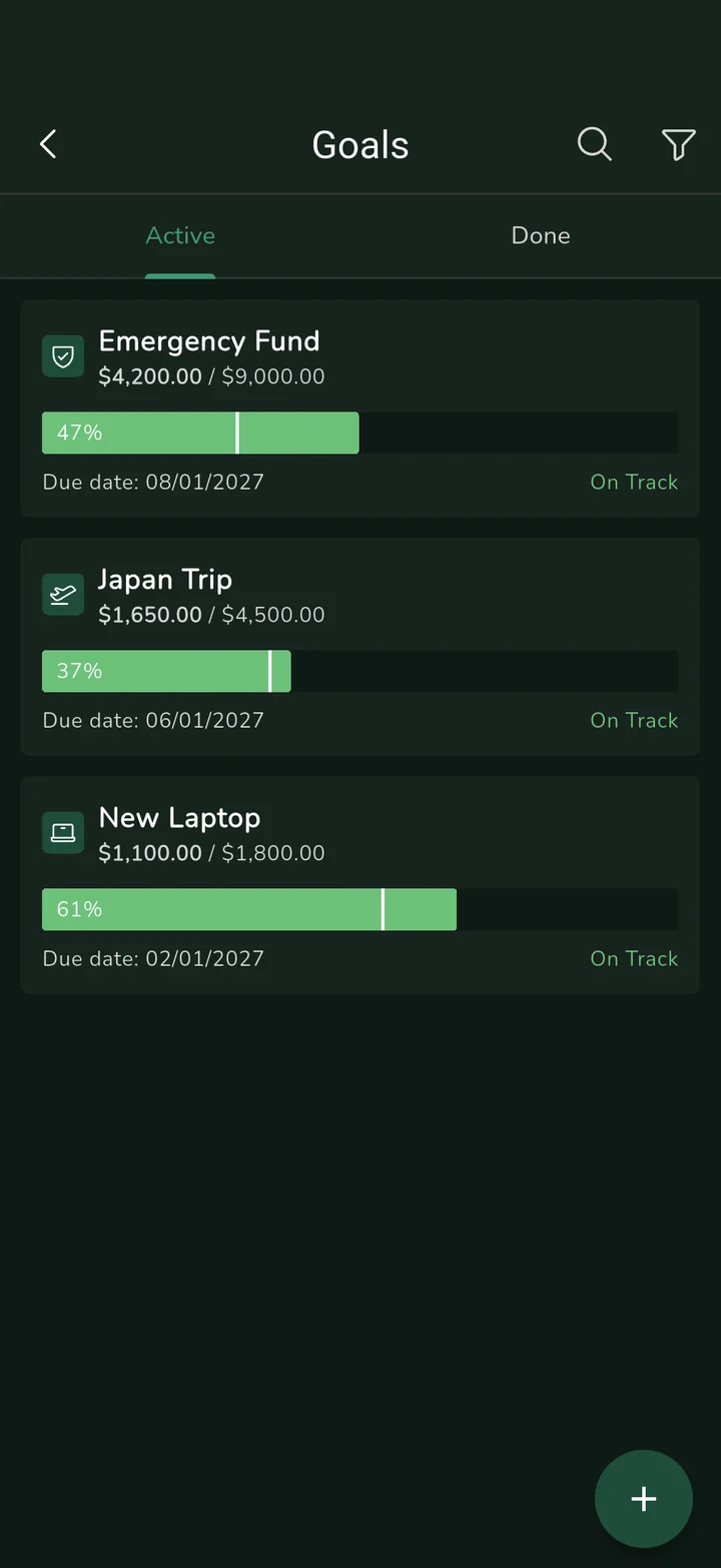 MoneyMori goals: Emergency Fund 47%, Japan Trip 37% and New Laptop 61%